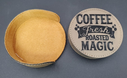 Coffee Fresh Roasted Magic Light Brown Round Leatherette Coaster