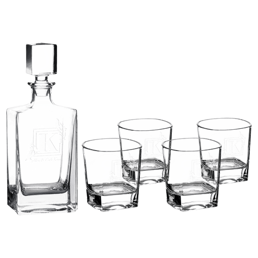 Polar Camel 810mL Rectangle Glass Decanter Set with Four 8 oz. Rocks Glasses in Black Gift Box with Printed Paper Sleeve