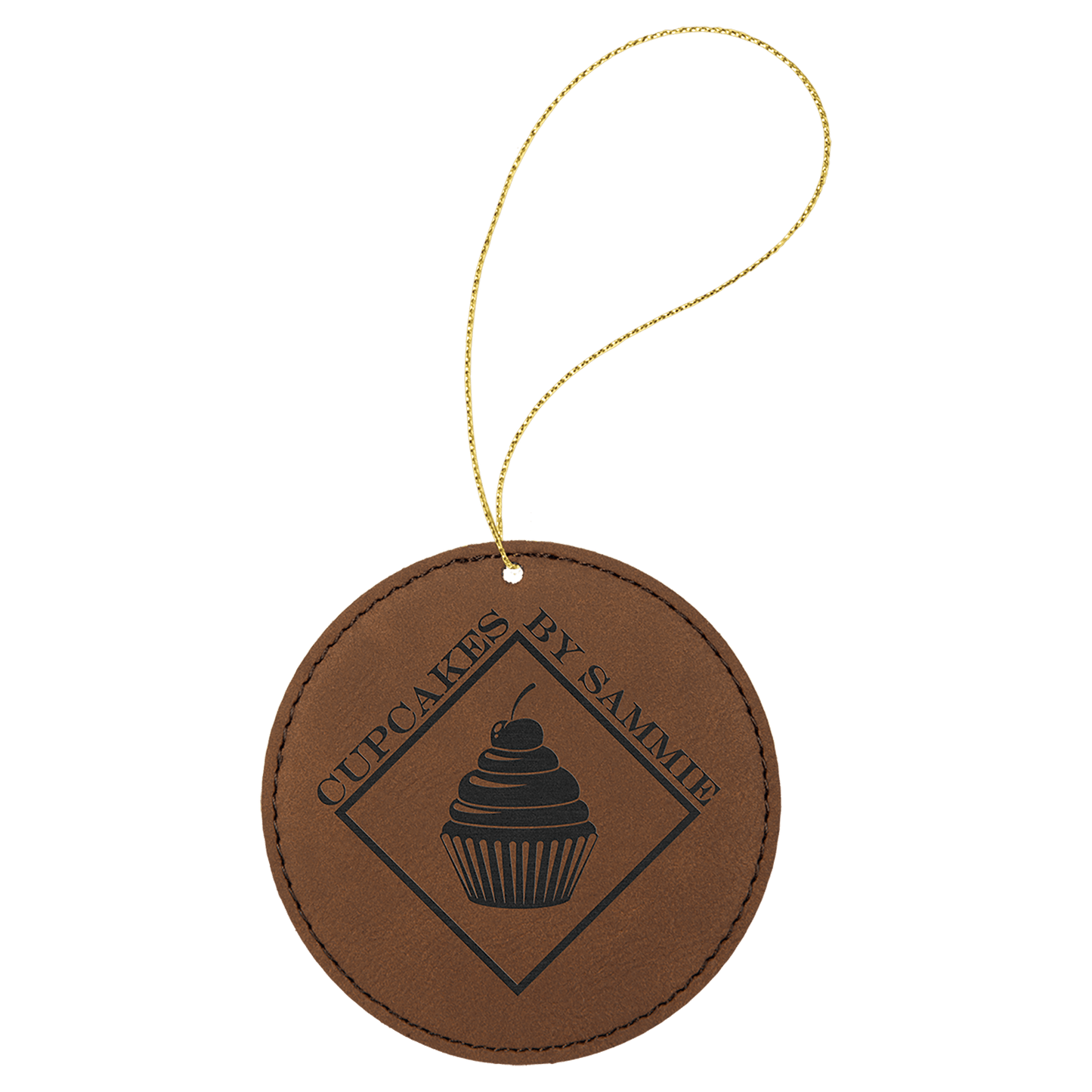 Dark Brown Laserable Leatherette Round Ornament with Gold String