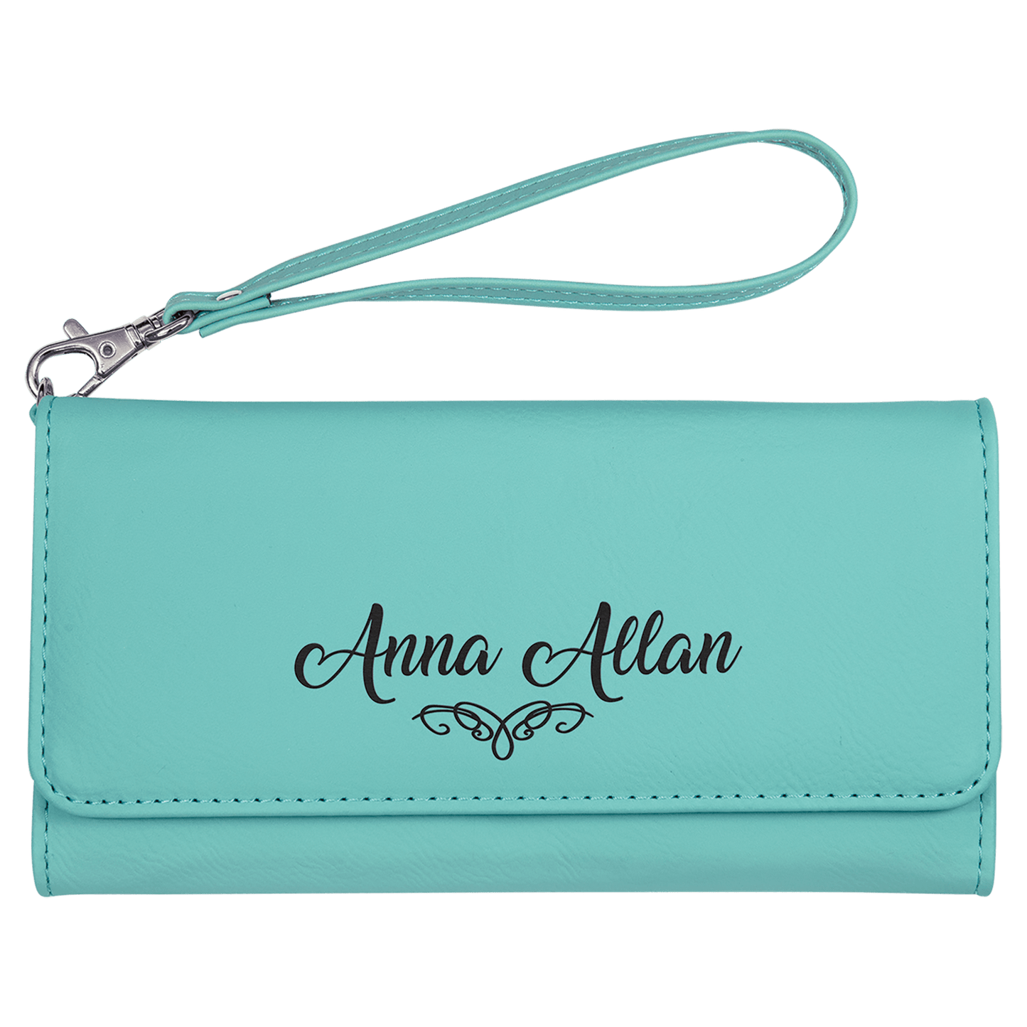 Teal 7 1/2" x 4" Laserable Leatherette Wallet with Strap