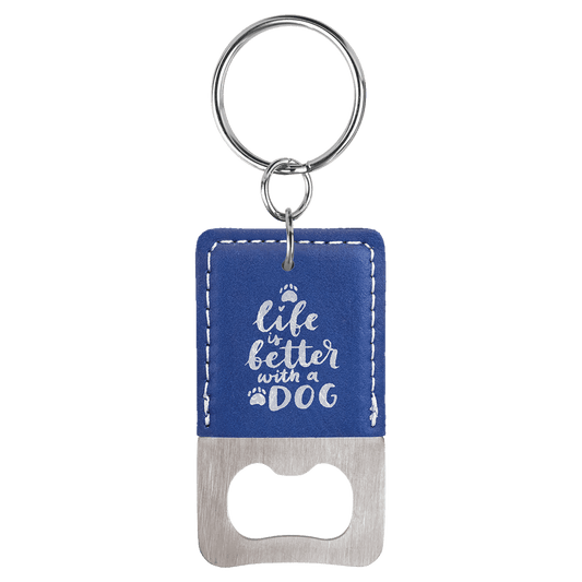 Blue/Silver Rectangle Laserable Leatherette Bottle Opener Keychain