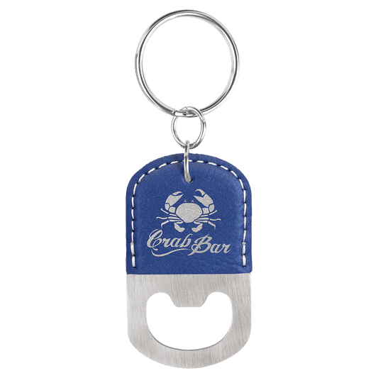 Blue/Silver Oval Laserable Leatherette Bottle Opener Keychain