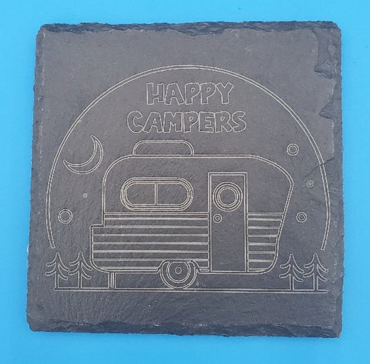 Happy Campers 1 Square Laser Engraved Slate Coaster