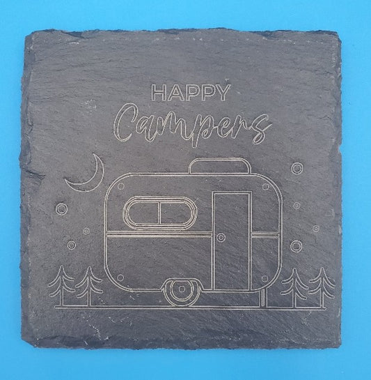 Happy Campers 2 Square Laser Engraved Slate Coaster