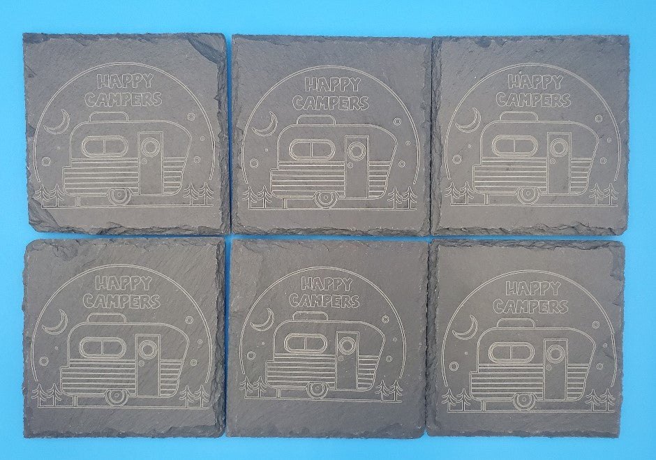 Happy Campers 1 Square Laser Engraved Slate Coaster