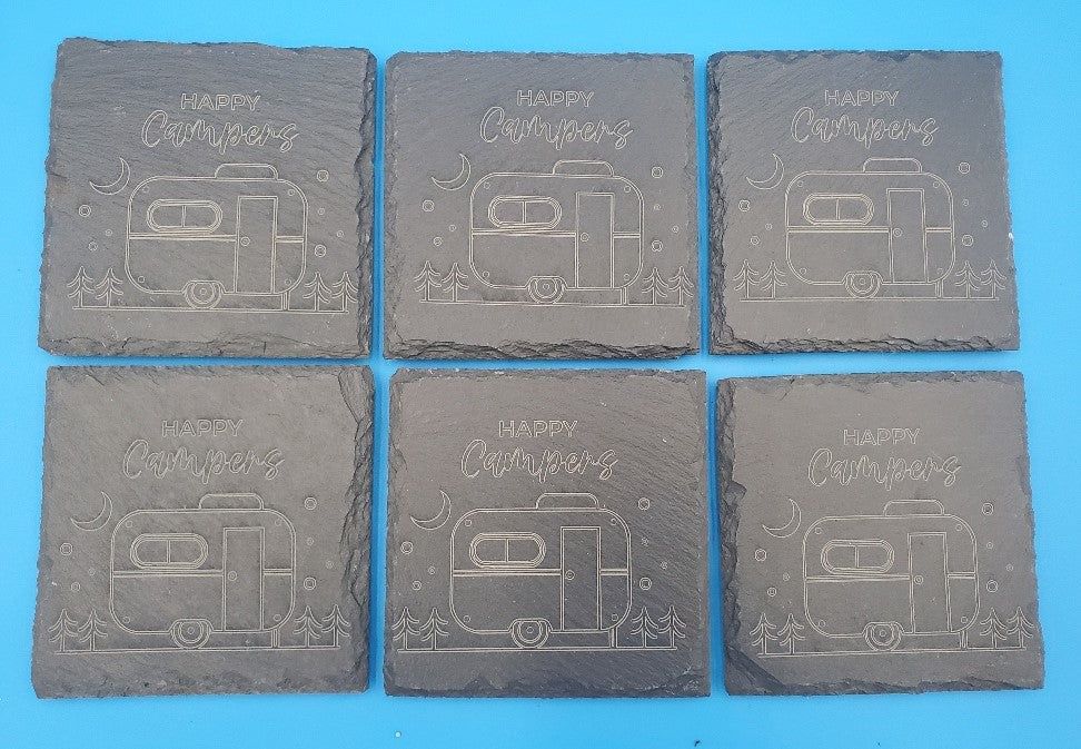 Happy Campers 2 Square Laser Engraved Slate Coaster